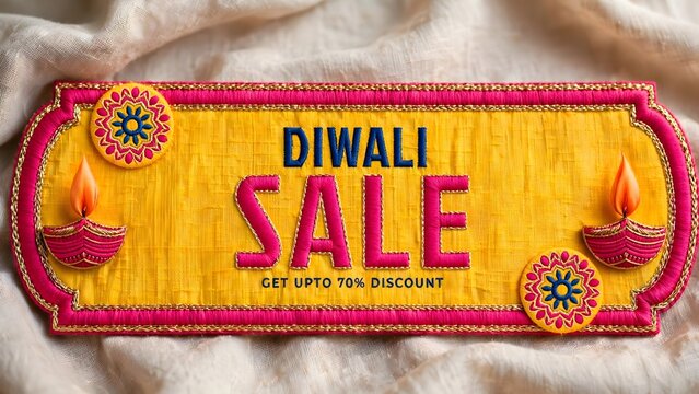 Diwali Festival Sale Banner with Up to 70% Discount, Handcrafted Embroidered Yellow Silk Plaque Featuring Diyas, Mandalas and Gold Zari Border on Draped Fabric Background.