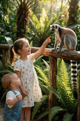 Fototapeta premium Young girl points at ring tailed lemur in zoo enclosure. Curious child and baby watch primate sit on wooden fence amidst lush green plants and sunlight. Happy family adventure.