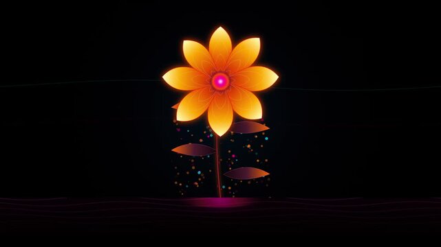 Procedural motion graphic of a glowing cybernetic fire lily blossoming over a reflective magenta pool with cyan atmospheric waves and floating ember particles. Perfect visual backplate for sci-fi intr