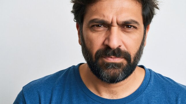 Close up man face with beard expressing anger and frustration. Middle aged guy frowns with furrowed brows, showing negative emotion. Dark blue shirt, indoor studio shot.