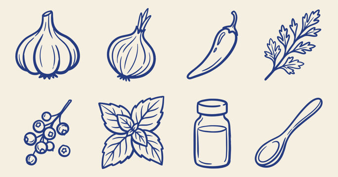 A collection of blue outline spice and herb icons featuring garlic, onion, chili, and basil