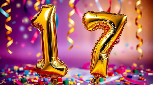 Birthday balloon shape number seventeen golden letter figure 17 celebration background AI Generative