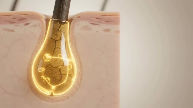 Macro 3D medical animation showing a damaged hair follicle and oil droplets under the skin surface.