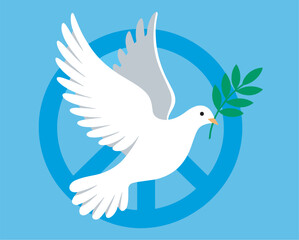 Obraz premium White Peace Dove Flying with Green Olive Branch in Beak Over Blue Peace Sign Symbol for International Day of Peace Celebration Designs