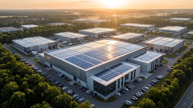Modern industrial data center campus featuring extensive solar panel arrays on large warehouse rooftops illuminated by golden sunset light in a sprawling green landscape with logistic trucks