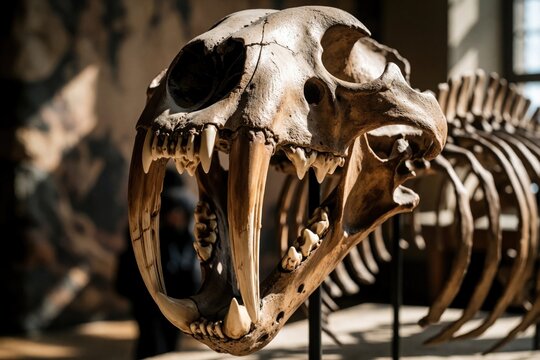 Sabertoothed cat skull and skeleton displayed at museum. Fossil shows large canine teeth of extinct predator from ice age. Prehistoric fauna research object.