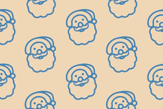 Minimalist Christmas seamless pattern with blue line art Santa Claus face on beige background
