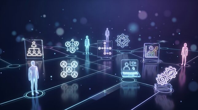 Innovative business management system with digital icons and human silhouettes representing strategic planning and data integration for professional success in modern industry