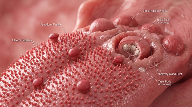 Realistic anatomical illustration of the human tongue, showing filiform, fungiform, and circumvallate papillae, taste buds, and salivary gland ducts. Anatomical reference for the sense of taste.