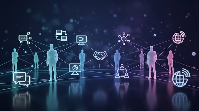 Seamless digital communication network with human silhouettes and professional icons representing global connectivity and collaborative business technology solutions for modern work