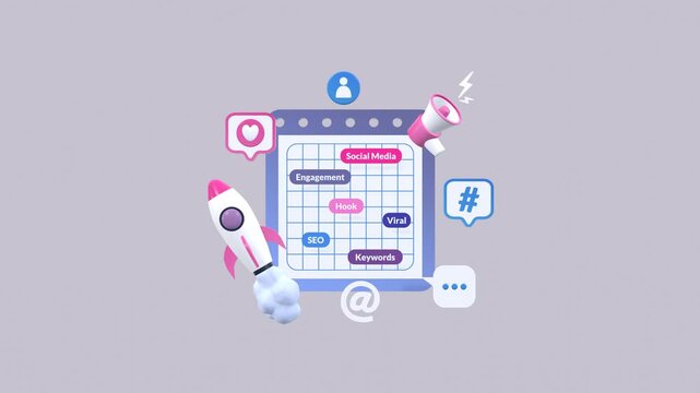 Animated social media strategy concept featuring SEO keywords, social media icons, and a rocket symbolizing digital growth, online marketing, search optimization and business promotion.