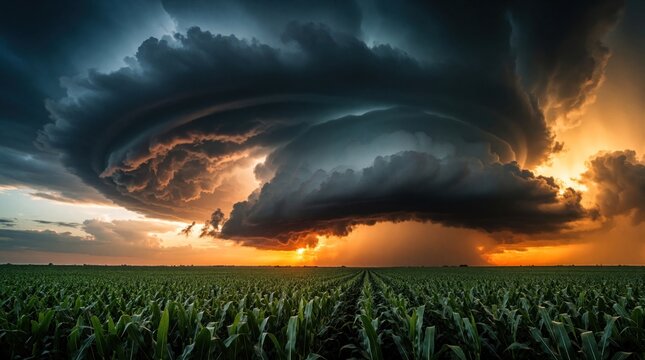 Massive dark storm cloud looms over green cornfield at sunset. Dramatic formation brings ominous weather to rural farm landscape. Vibrant orange light glows behind heavy grey clouds during intense