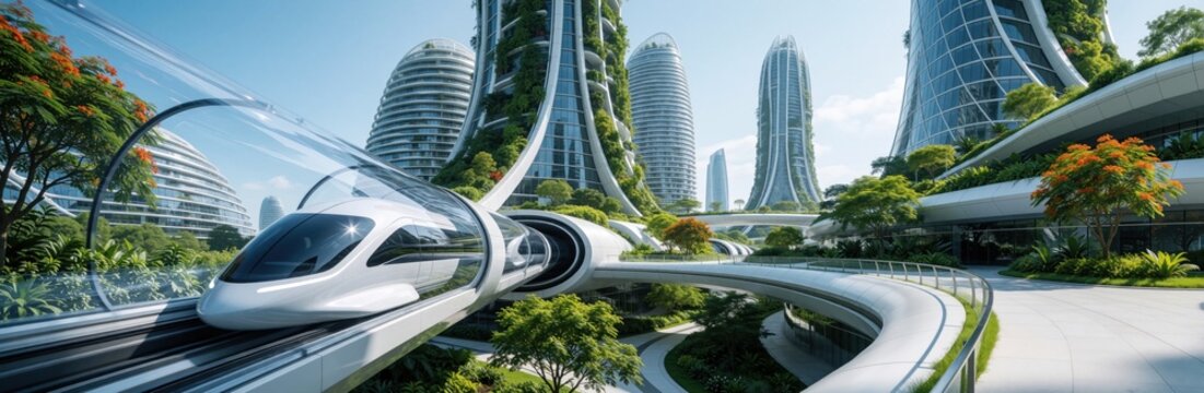 Futuristic city showcases hyperloop transit system amidst green skyscrapers and abundant nature. Clean transport connects modern architecture in a sustainable urban environment.