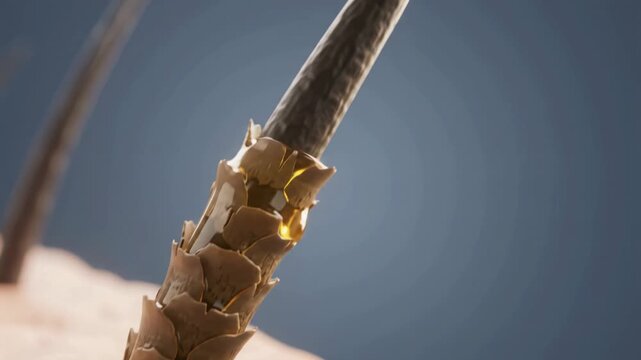 Microscopic 3D animation of damaged hair follicle and skin cross-section being treated with a golden serum drop.