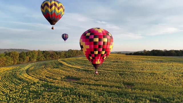 Parallax drone shot of three hot air balloons floating and slowly ascending together over a sunflower field, their colorful envelopes lit by warm early morning sunlight.
