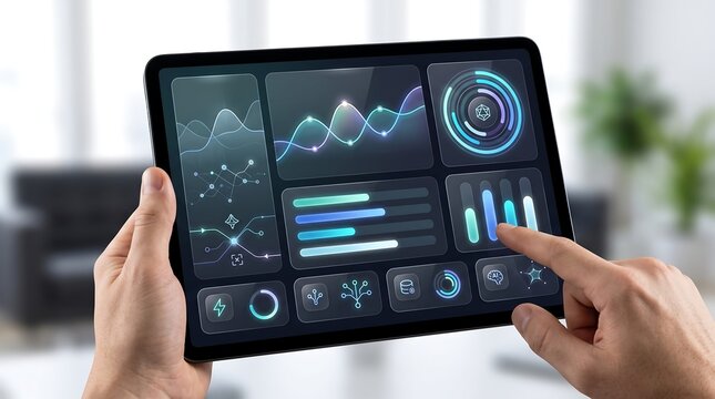 Close up of human hand interacting with digital data visualization dashboard on tablet screen showcasing futuristic business analytics and virtual growth solution metrics