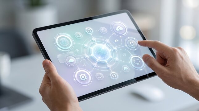 Professional using tablet to control virtual network connectivity and cloud data systems with futuristic interface icons displayed on handheld device in office
