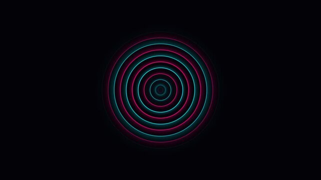 Glowing neon concentric circles pulsating on black background. Seamless loop animation with cyan and magenta radiating rings. Abstract technology and futuristic motion graphic.