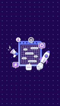 SEO strategy concept animation featuring keywords, social media icons, and a rocket in vertical video format, symbolizing digital marketing, online visibility, search optimization and business growth.