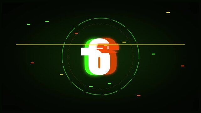 Futuristic digital countdown timer with glitch effect and HUD elements on dark background for cinematic intros and tech presentations.
