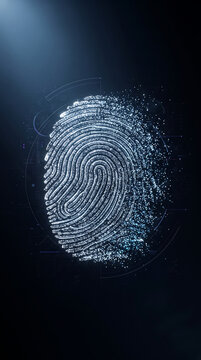 Detailed human thumbprint glowing with bright white digital circuitry pattern on dark background digital identity cyber security data protection access control scanner tech biometric system