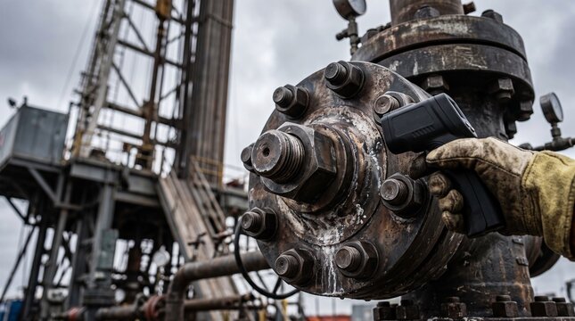Inspector measuring high pressure wellhead flange temperature with infrared thermometer gun on oil drilling rig site
