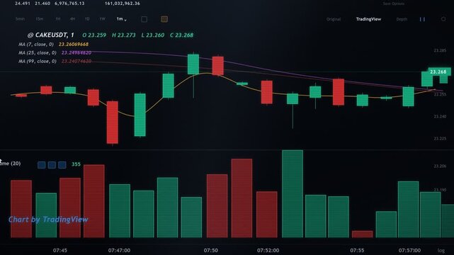 Animation stock exchange online trading platform chart candlesticks bars, tickers digital data on crypto currency trade financial market platform