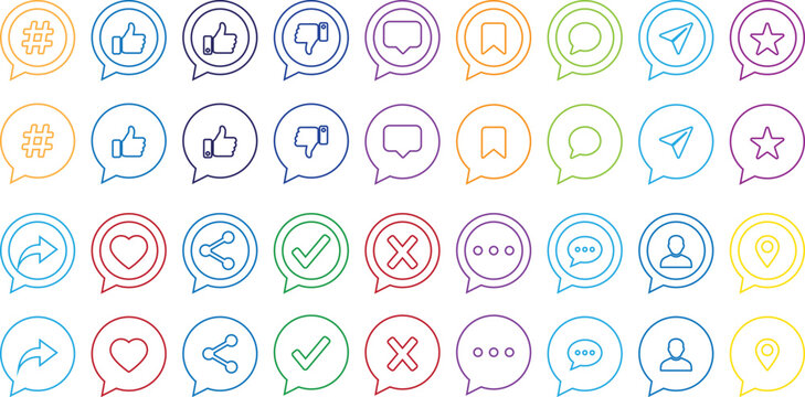 A set of colorful social media interface flat vector line icons in speech bubbles for digital communication, web design, mobile apps, and user interface elements, on a white background.