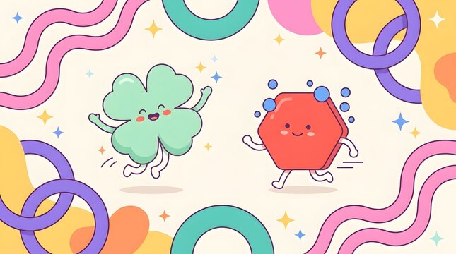 Cute cartoon characters in a colorful abstract background