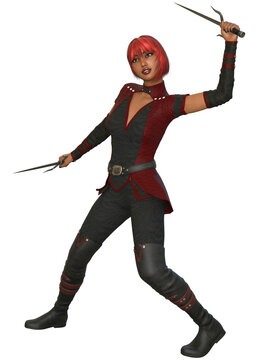A 3D rendered fantasy female warrior with red hair holds two sai blades in a fighting stance, isolated on a white background.