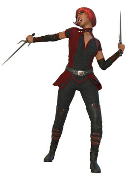 A 3D rendered fantasy female warrior with red hair holds two sai blades in a fighting stance, isolated on a white background.