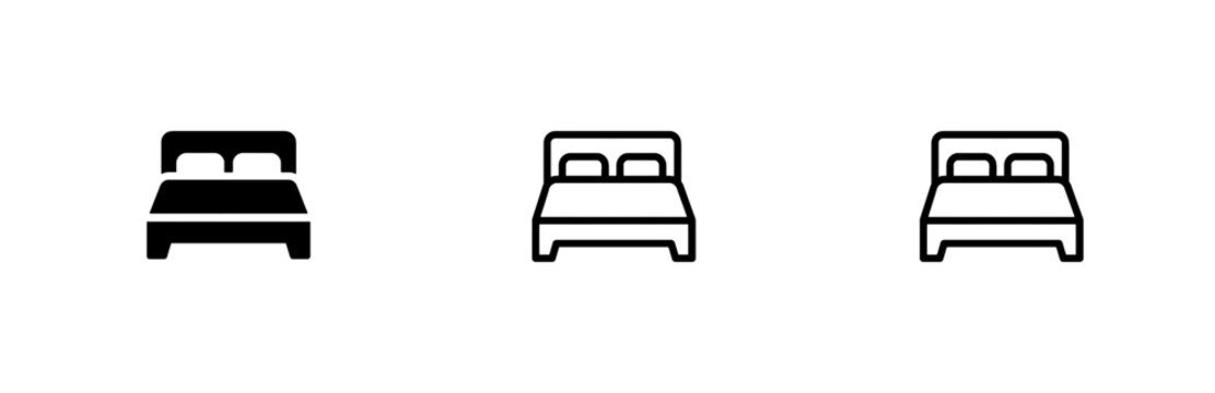 Double bed icon set showing comfortable bedroom furniture and pillows isolated on white background for hotel motel and home interior graphic design elements .