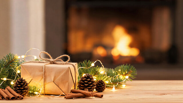 Warm christmas gift with garland pine cones and cinnamon sticks