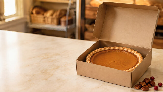 Pumpkin pie in unbranded box for Thanksgiving preorder