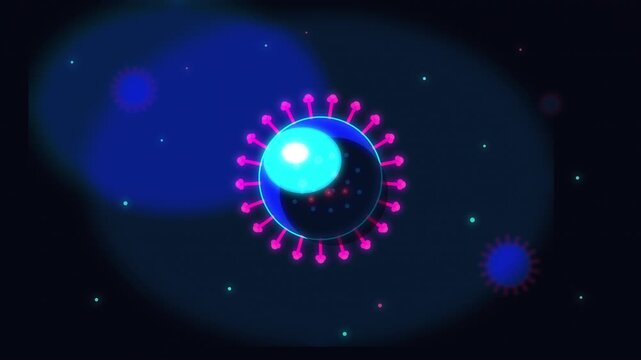 Microscopic view of coronavirus 2019 nCov, monkeypox virus in 4k animation, realistic 3D rendering of pathogenic microorganisms floating in dark blue background with neon lights
