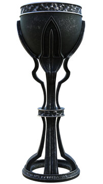 Dark ornate goblet with carved handles and engraved runes, a fantasy medieval chalice, game asset design, on isolated background. 3D Illustration