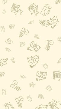 Repeated outline sketches of financial currency symbols, money hands, business icons in a seamless pattern background suitable for financial design projects.