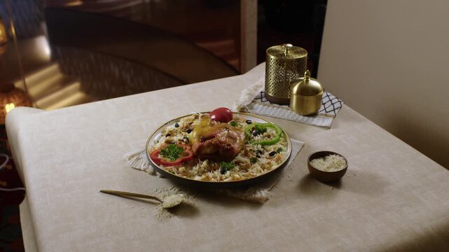 Unrecognizable person serving a delicious plate of Arabic chicken mandi with rice and vegetables