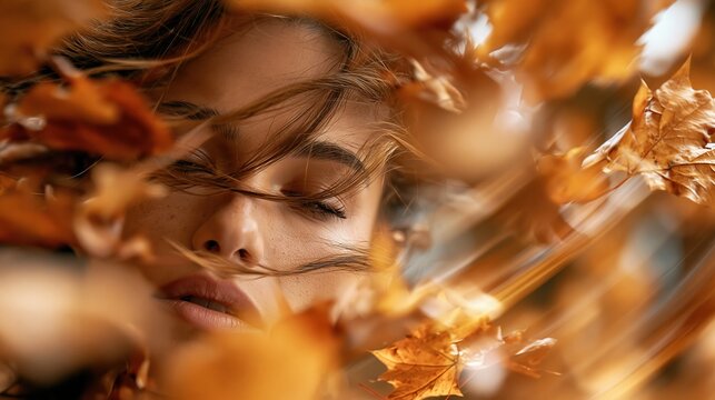 Woman's face through falling autumn leaves, dreamy motion blur concept