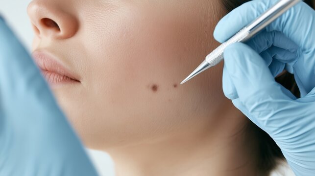 Skin care treatment takes place in a clinic setting for a client with a beauty mark on the cheek