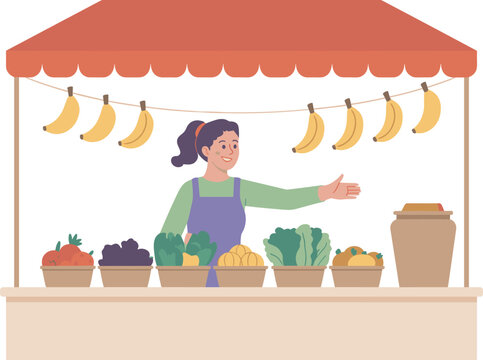 Smiling Female Vendor Welcoming Customers at Farmers Market Stall Filled with Fresh Vegetables and Hanging Bananas Under Red Awning canopy