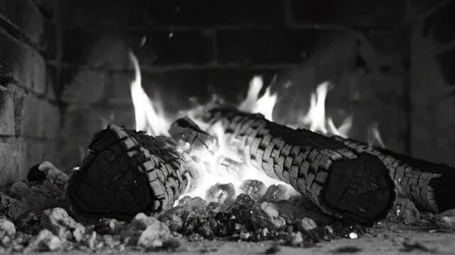Cozy Black and White Fireplace Video with Burning Wood Logs for Warm Winter Ambiance and Comfort