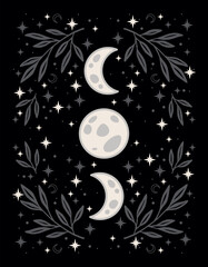 Obraz premium Celestial poster with moon phases, stars and botanical leaves on a black background. Magic esoteric vector illustration perfect for gothic t-shirt print, tarot card design and spiritual home decor.