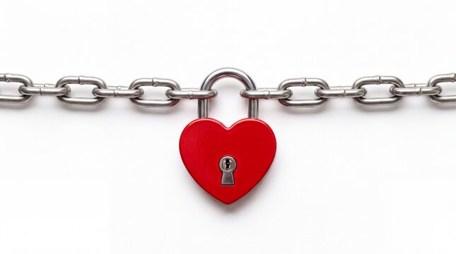 Red heart shaped metal padlock secured with a strong steel chain isolated on white background