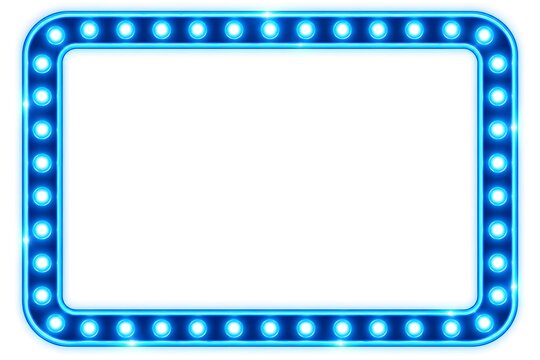 Blue Neon Marquee Light Frame Border with Glowing Bulbs on White Background