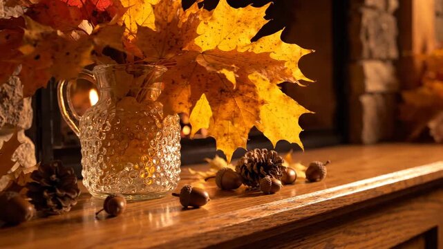 warm autumn mantelpiece with vibrant yellow maple leaves in a glass vase, scattered acorns and pinecones, cozy fireplace backdrop