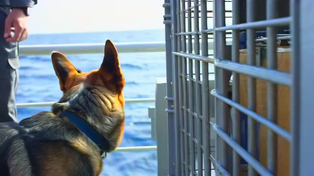 Detection dog watches cargo crate during maritime customs inspection on ferry deck, built for border security, animal screening, smuggling prevention, port compliance, and passenger safety themes