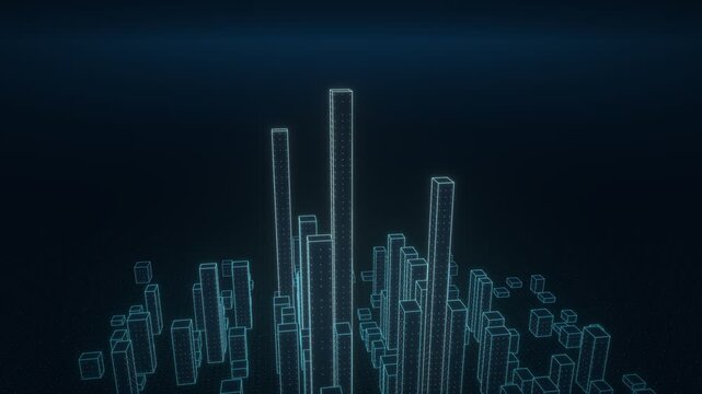 Animation camera moving around business digital communication network technology AI big data city, data analytic interface flying over smart city