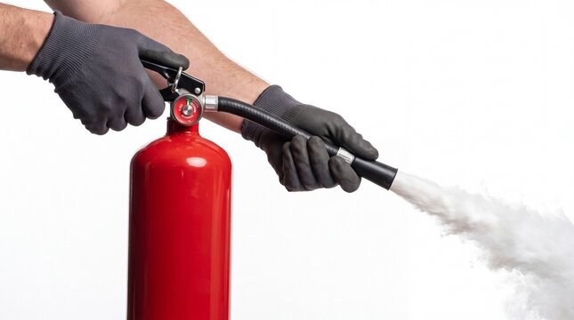 Gloved hands operating a red fire extinguisher spraying thick white smoke cloud on white background