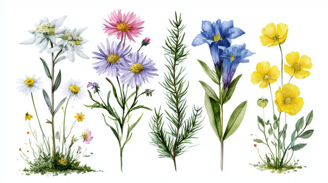 Watercolor collection of alpine wildflowers including edelweiss, asters, gentians, and buttercups on white background